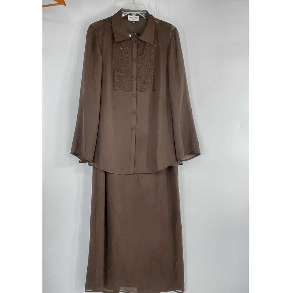 Kasper Womens 2pc Dress Set Sz 4 Maxi Brown Sequin‎ Embroidered Overlay Long Slv